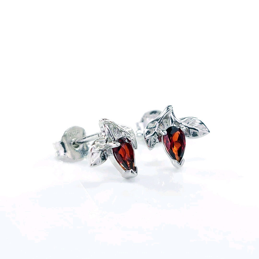 Garnet Earrings 0.5ct Pear Red Leaf Studs Sterling Silver