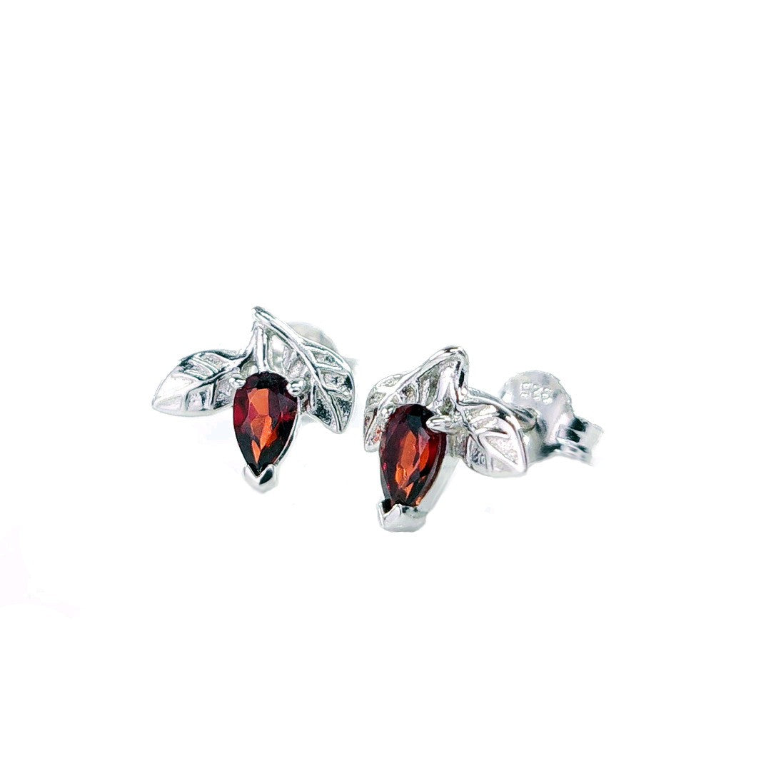 Garnet Earrings 0.5ct Pear Red Leaf Studs Sterling Silver