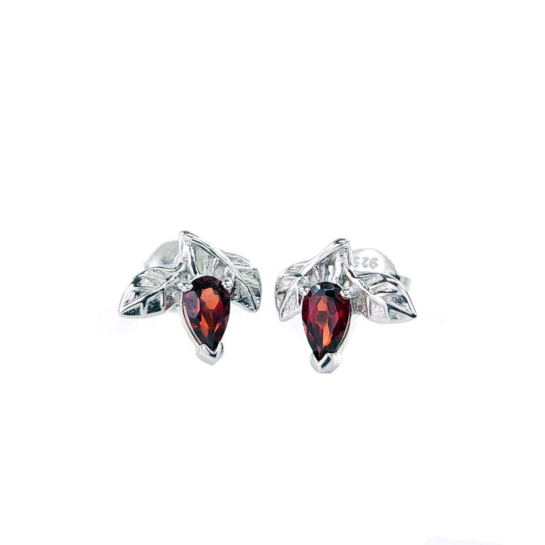 Garnet Earrings 0.5ct Pear Red Leaf Studs Sterling Silver