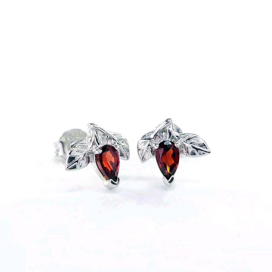 Garnet Earrings 0.5ct Pear Red Leaf Studs Sterling Silver