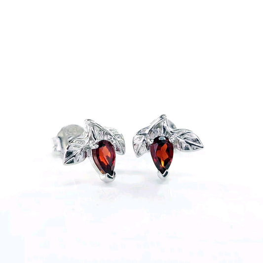 Garnet Earrings 0.5ct Pear Red Leaf Studs Sterling Silver