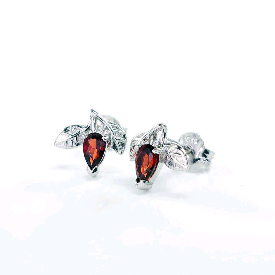Garnet Earrings 0.5ct Pear Red Leaf Studs Sterling Silver