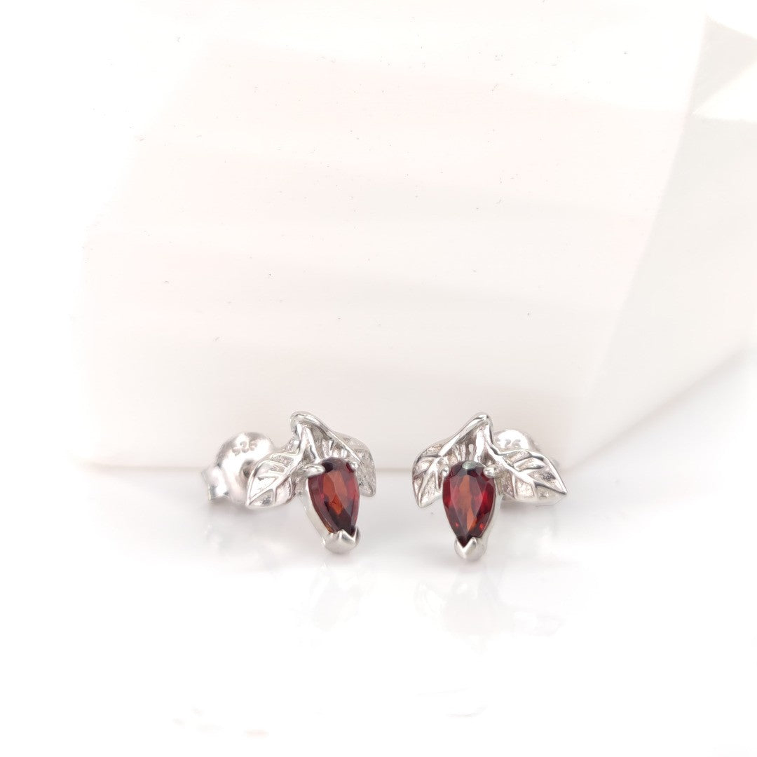 Garnet Earrings 0.5ct Pear Red Leaf Studs Sterling Silver