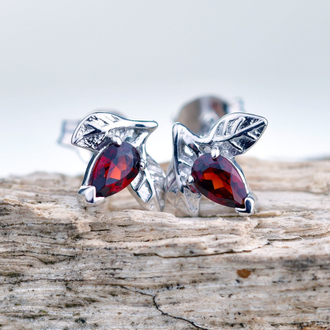 Garnet Earrings 0.5ct Pear Red Leaf Studs Sterling Silver