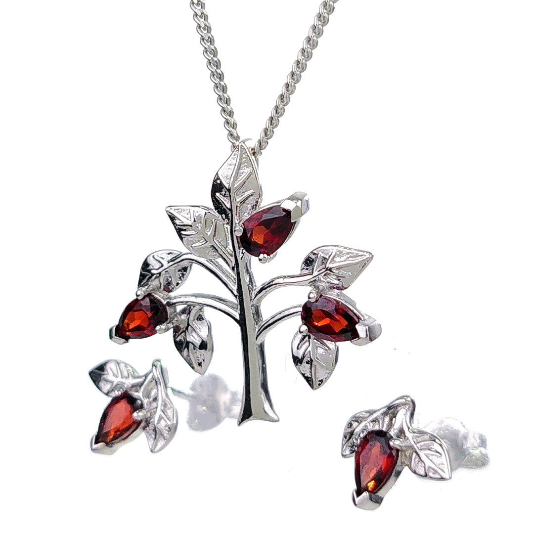 Garnet Necklace Earring Set 1.25ct Pear Red Tree of Life Leaves Sterling Silver