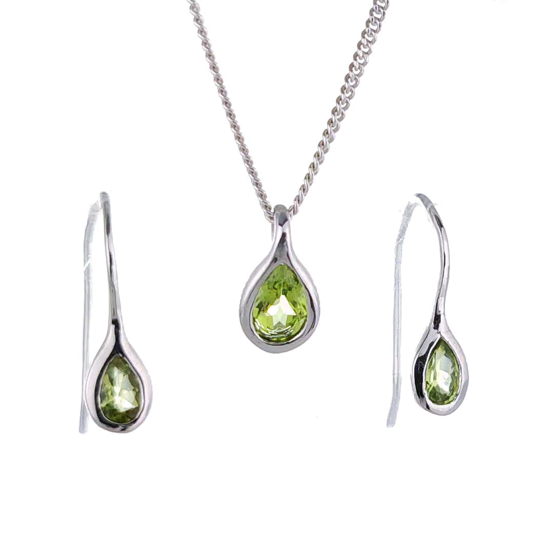 peridot necklace earring set 1ct pear pendant designed in the UK