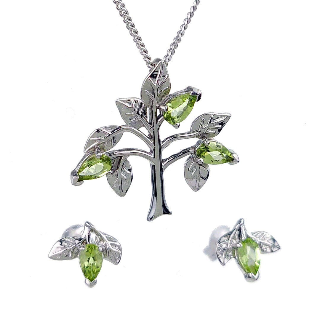 peridot necklace earring set tree of life leaves designed in the UK