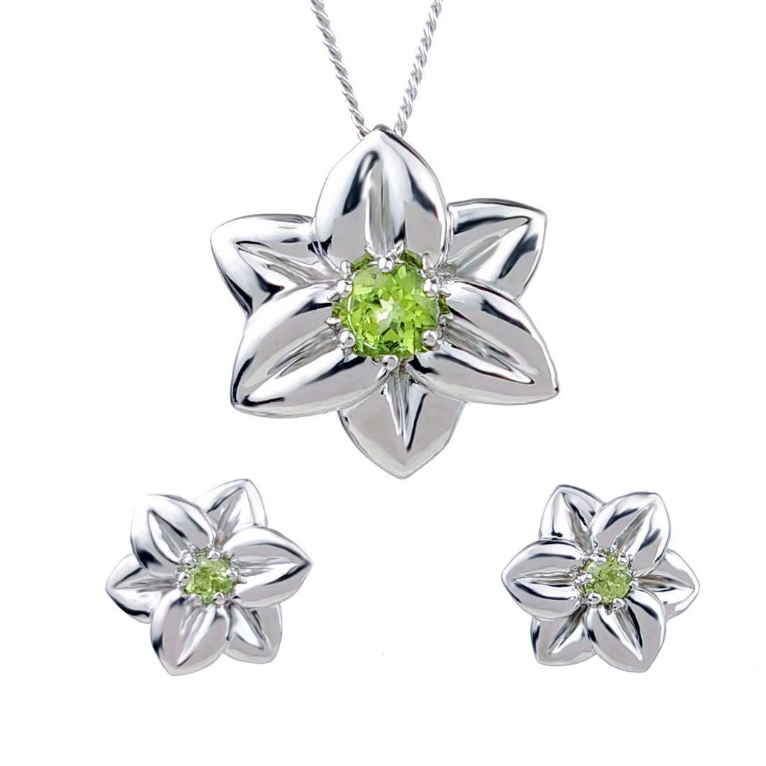 peridot necklace earring set 0.64ct daffodil green silver august birthstone designed in the UK