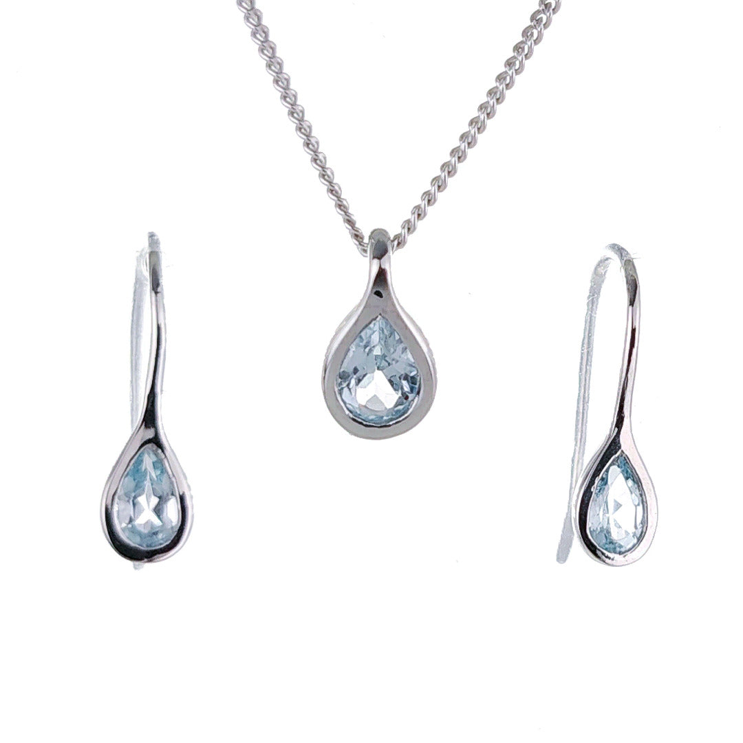 topaz necklace earring set 1ct pear blue pendant sterling silver designed in the UK