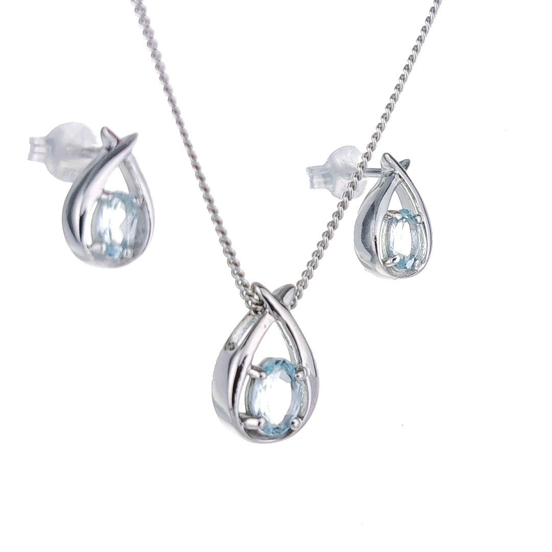 topaz necklace earring set 1ct pear blue twist silver december birthstone designed in the UK