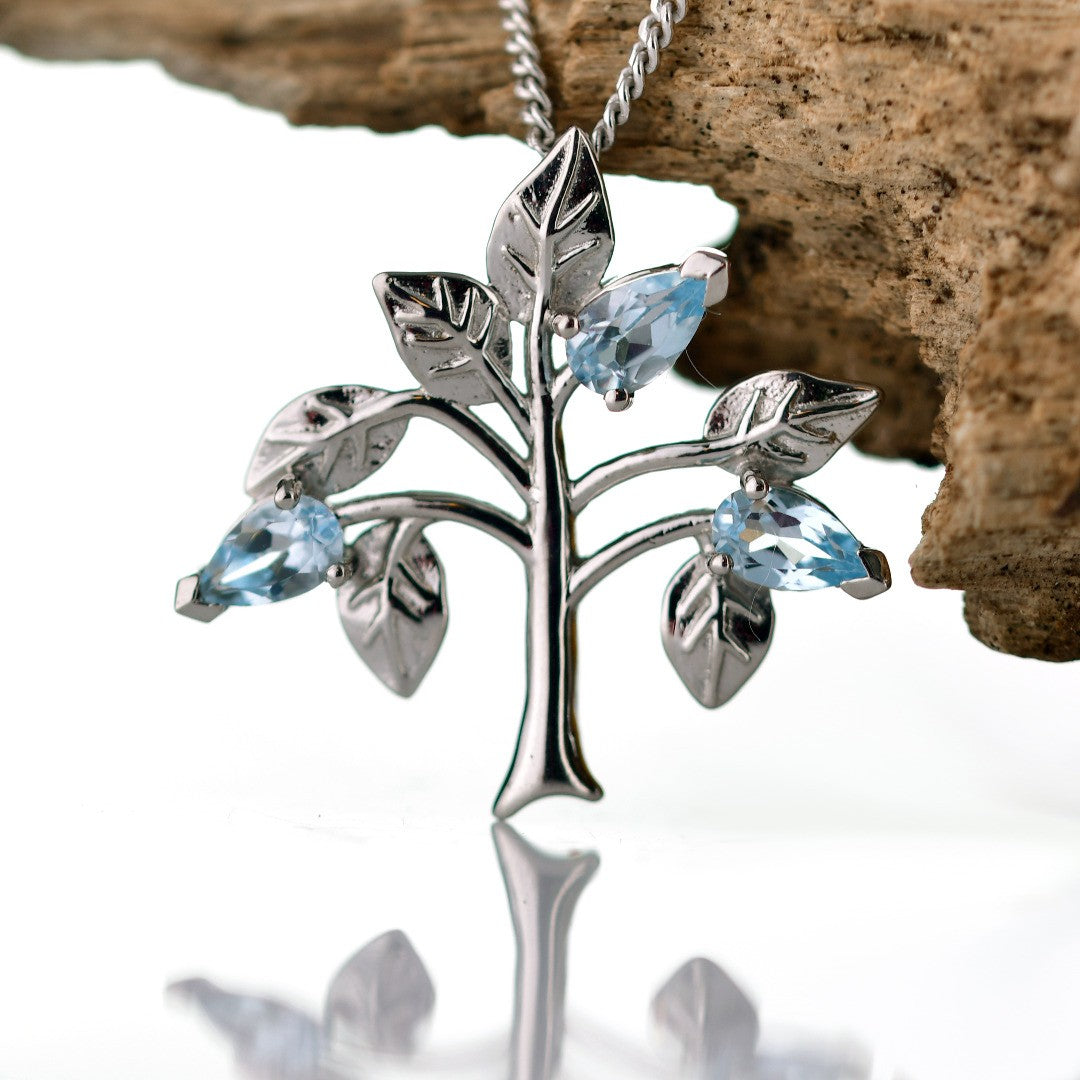 Topaz Necklace 0.75ct Blue Tree of Life Pendant Silver December Birthstone