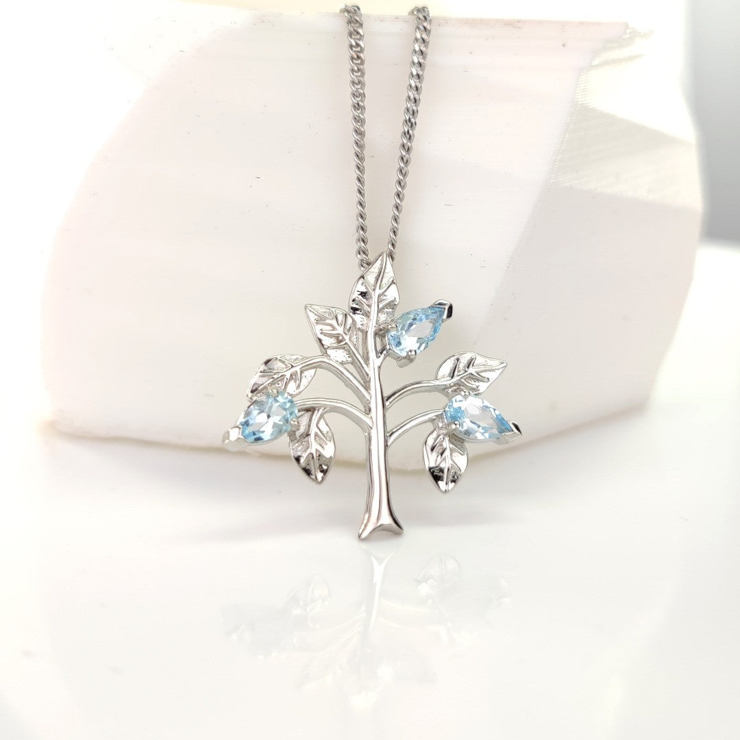Topaz Necklace 0.75ct Blue Tree of Life Pendant Silver December Birthstone