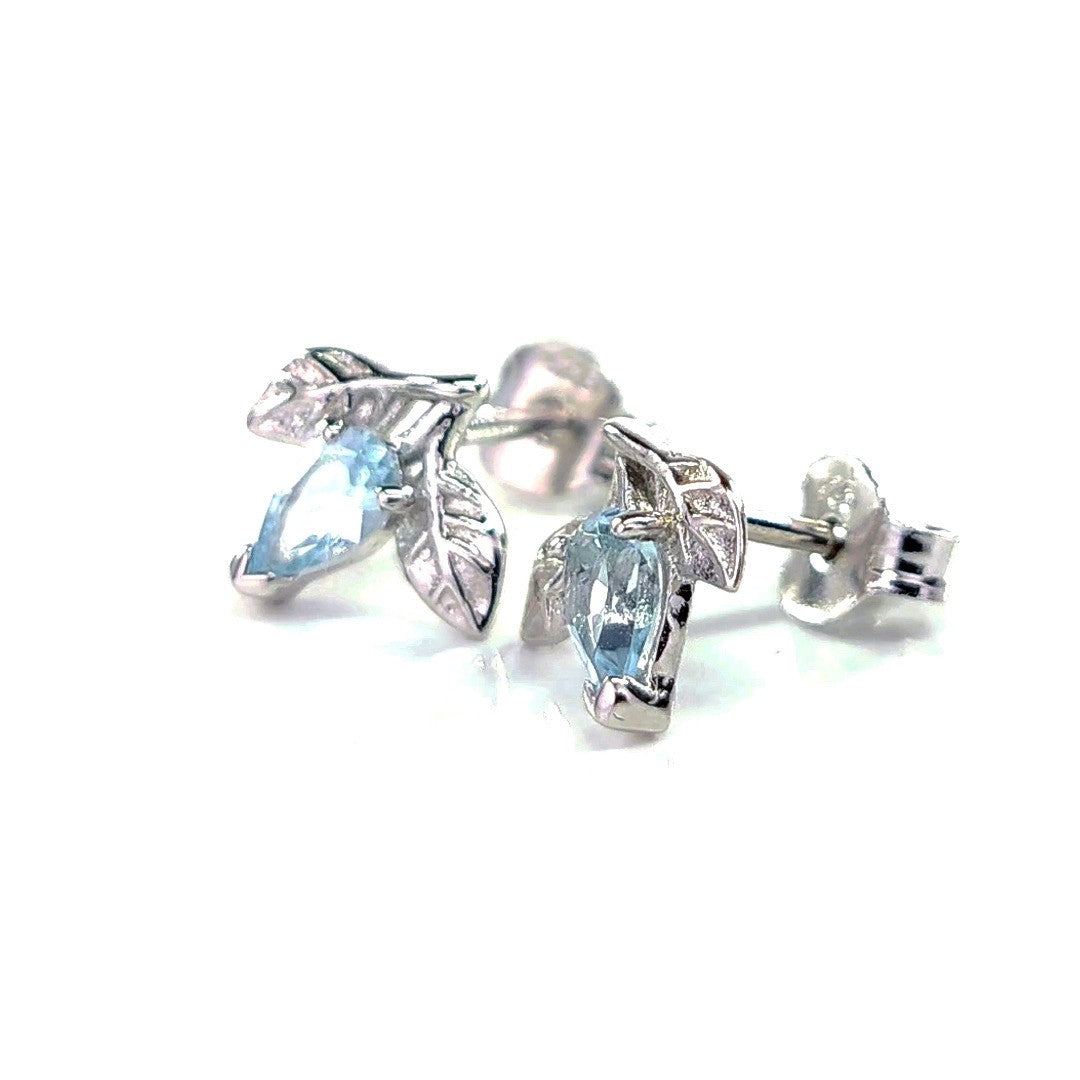 Topaz Earrings 0.5ct Blue Leaf Studs Silver December Birthstone
