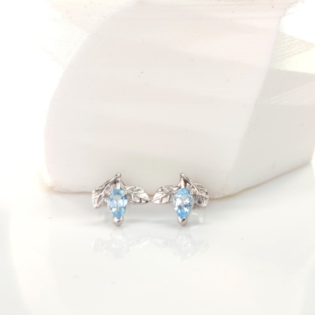Topaz Earrings 0.5ct Blue Leaf Studs Silver December Birthstone