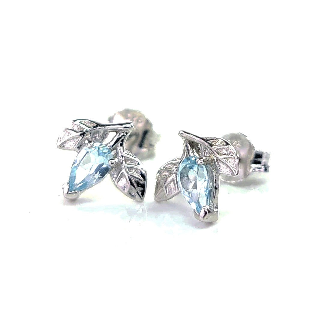 Topaz Earrings 0.5ct Blue Leaf Studs Silver December Birthstone