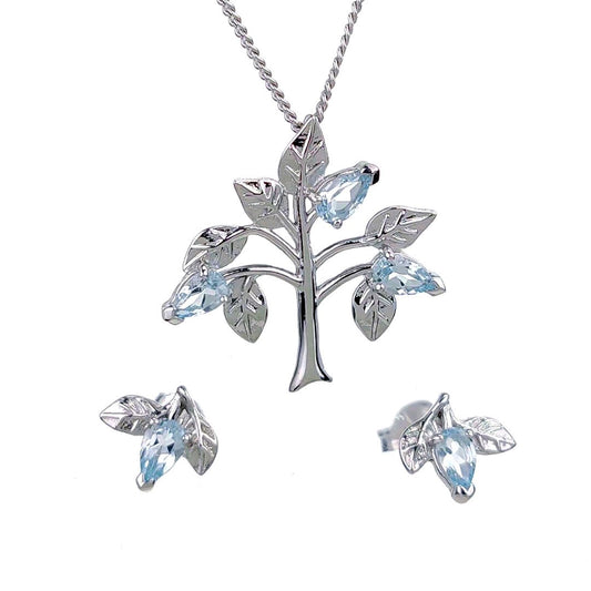 Topaz Necklace Earring Set 1.25ct Blue Tree of Life Leaves Silver December Birthstone