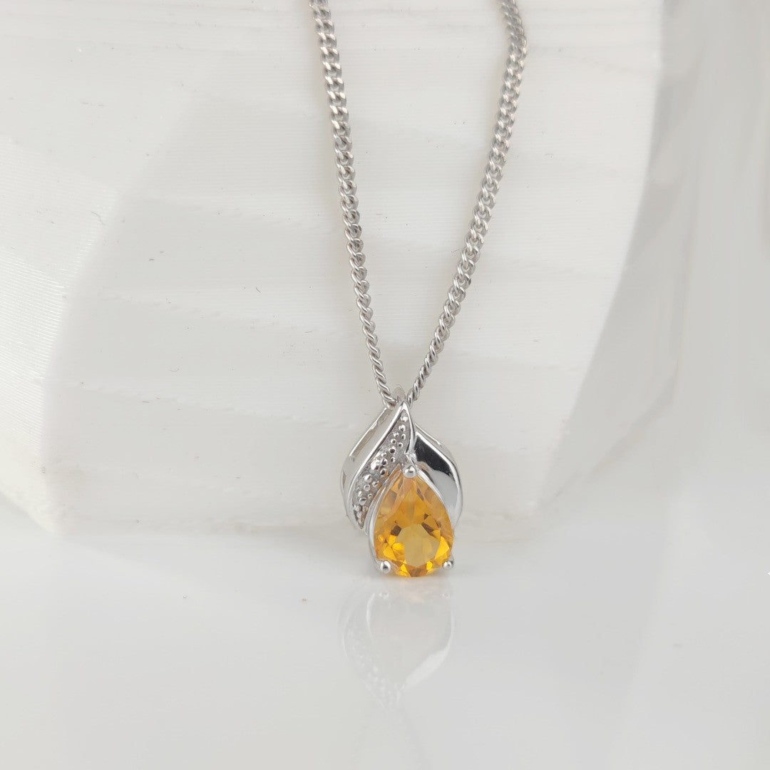 Citrine Necklace Diamond 0.65ct Yellow Pendant Sterling Silver November Birthstone
