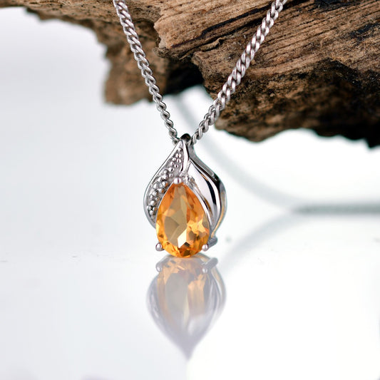 Citrine Necklace Diamond 0.65ct Yellow Pendant Sterling Silver November Birthstone