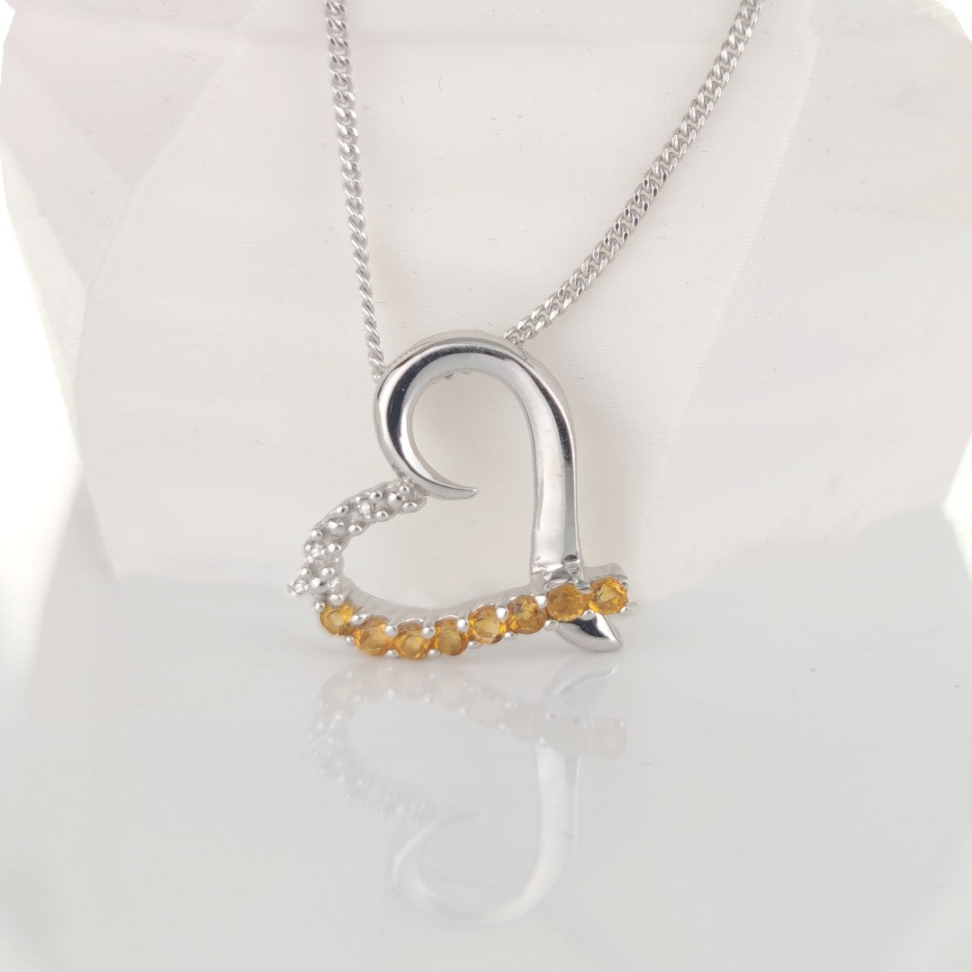 Citrine Necklace Diamond 0.32ct Heart Pendant Sterling Silver November Birthstone