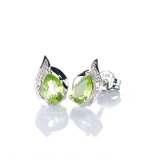 Peridot Earrings Diamond 0.9ct Pear Studs Green Sterling Silver August Birthstone