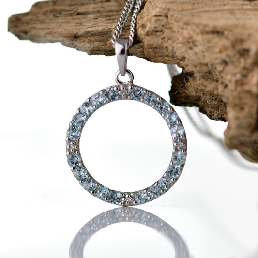 Topaz Necklace Diamond 0.8ct Blue Circle Pendant Sterling Silver December Birthstone