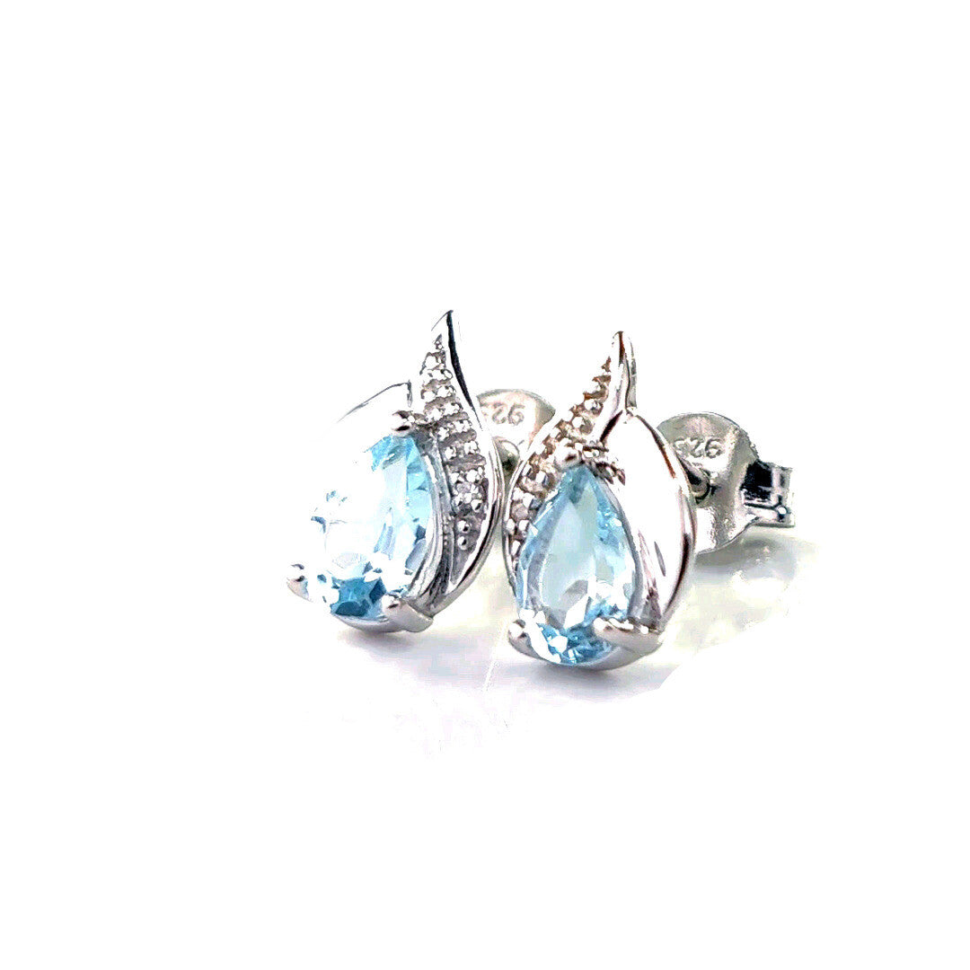 Blue Topaz Diamond Pear Earrings in Sterling Silver