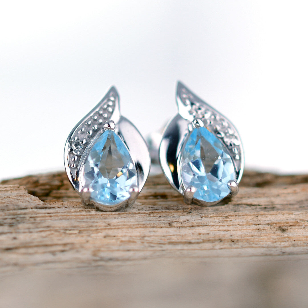 Blue Topaz Diamond Pear Earrings in Sterling Silver