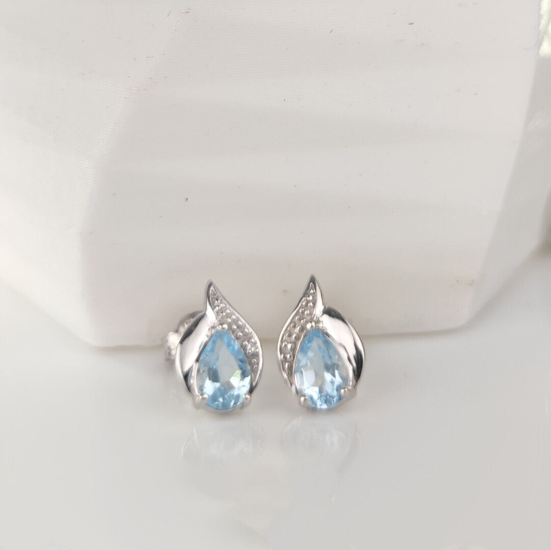 Blue Topaz Diamond Pear Earrings in Sterling Silver