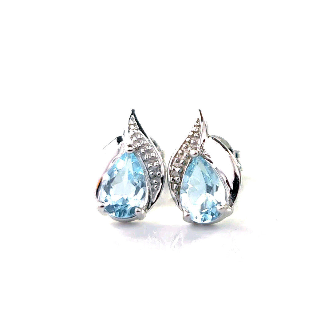 Blue Topaz Diamond Pear Earrings in Sterling Silver