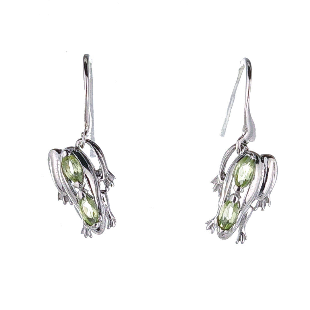 sterling silver peridot frog earrings green dangle hook august birthstone designed in the UK