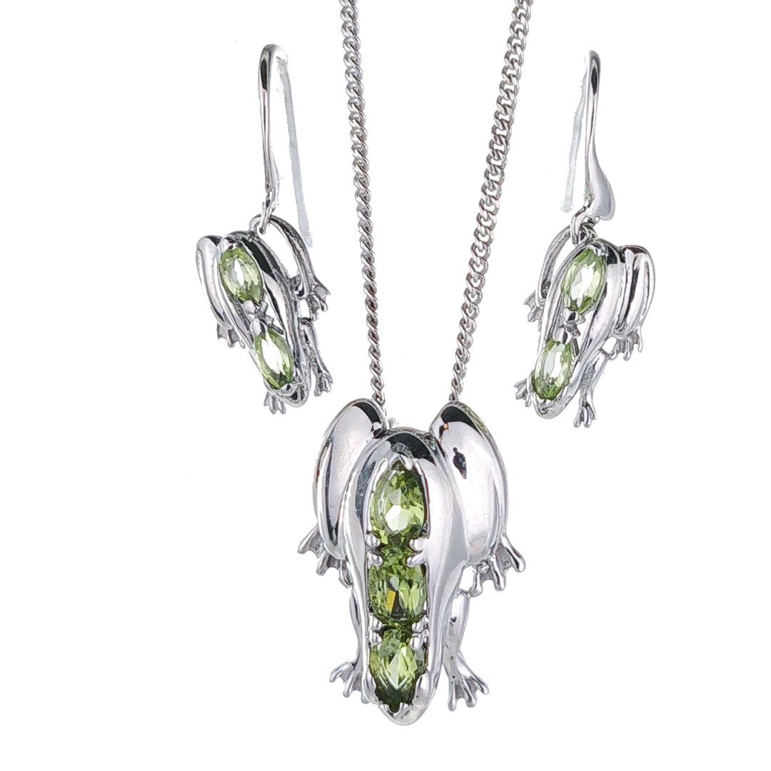 peridot frog set dangle earrings necklace designed in the UK
