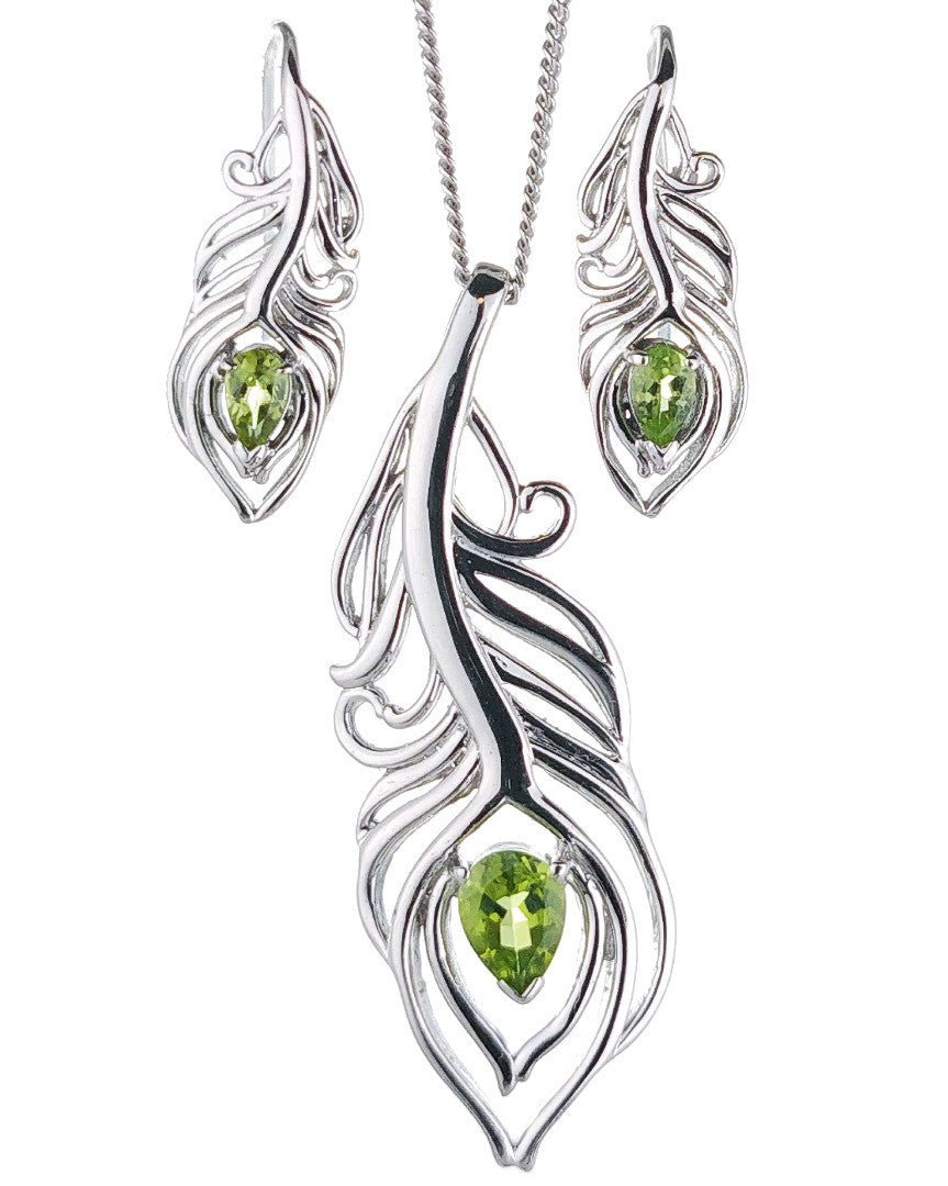 peridot peacock feather necklace earring set designed in the UK