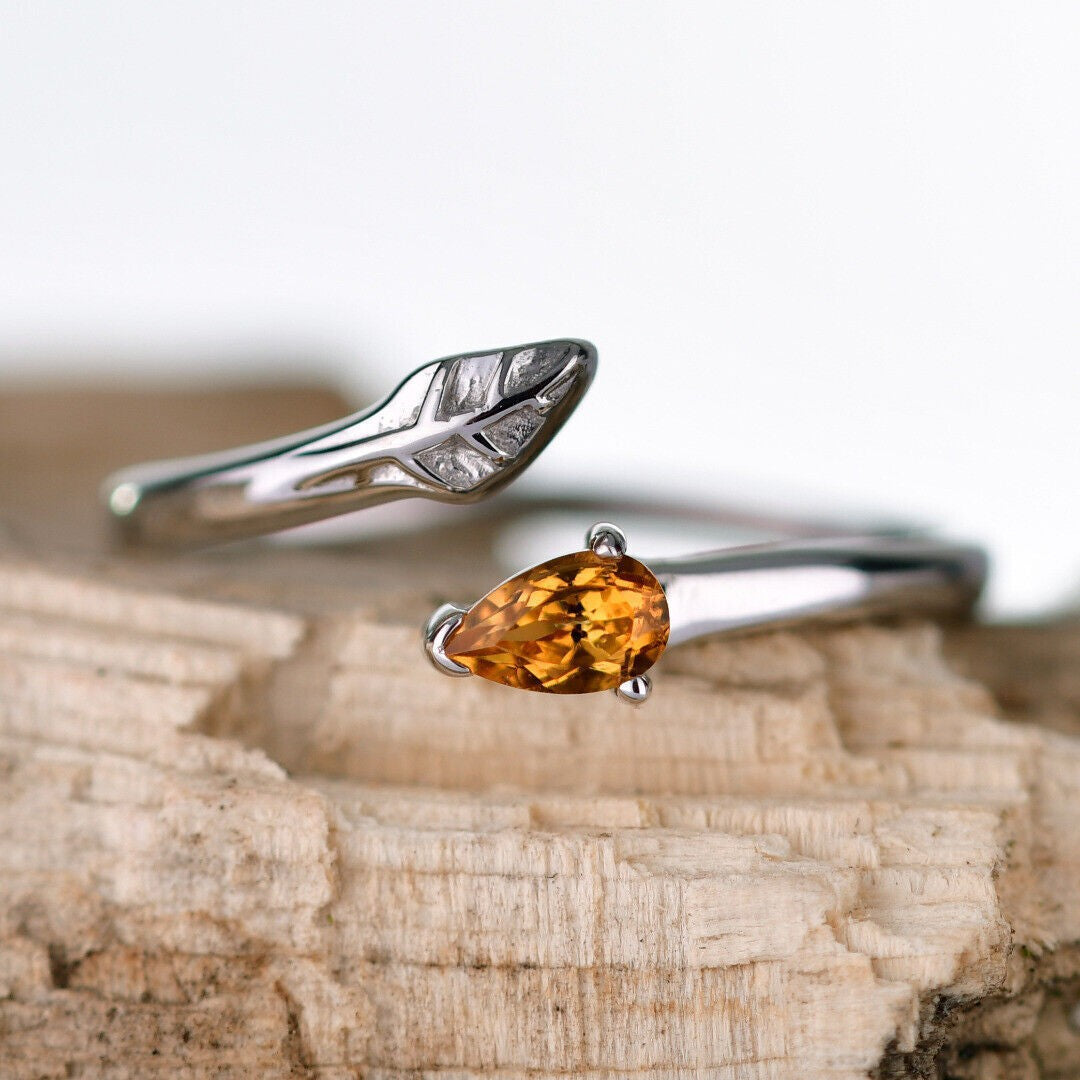Sterling Silver Citrine Leaf Ring Size I-T Adjustable Yellow November Birthstone