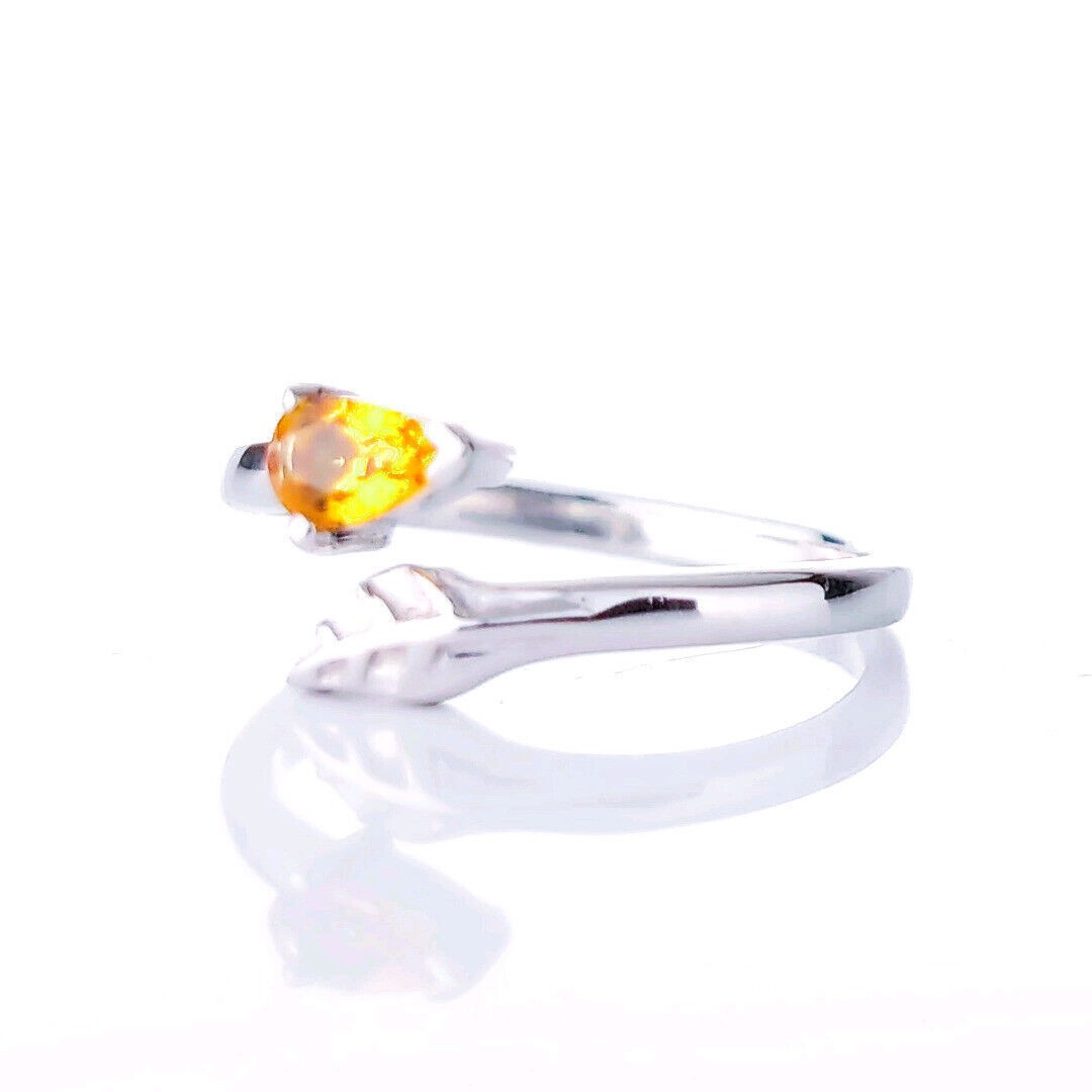 Sterling Silver Citrine Leaf Ring Size I-T Adjustable Yellow November Birthstone