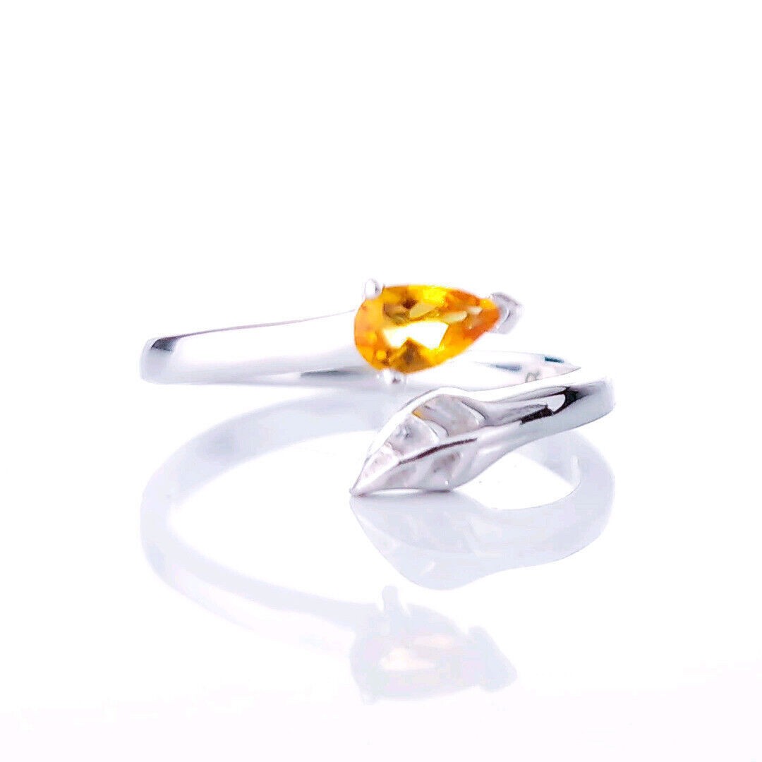 Sterling Silver Citrine Leaf Ring Size I-T Adjustable Yellow November Birthstone