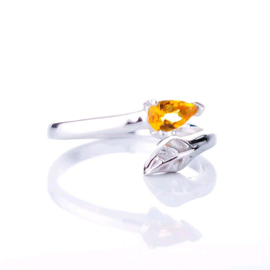 Sterling Silver Citrine Leaf Ring Size I-T Adjustable Yellow November Birthstone