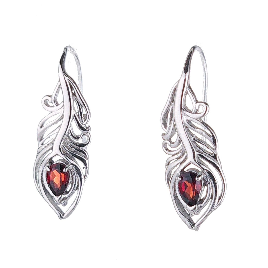 Garnet Peacock Feather Dangle Earrings Sterling Silver