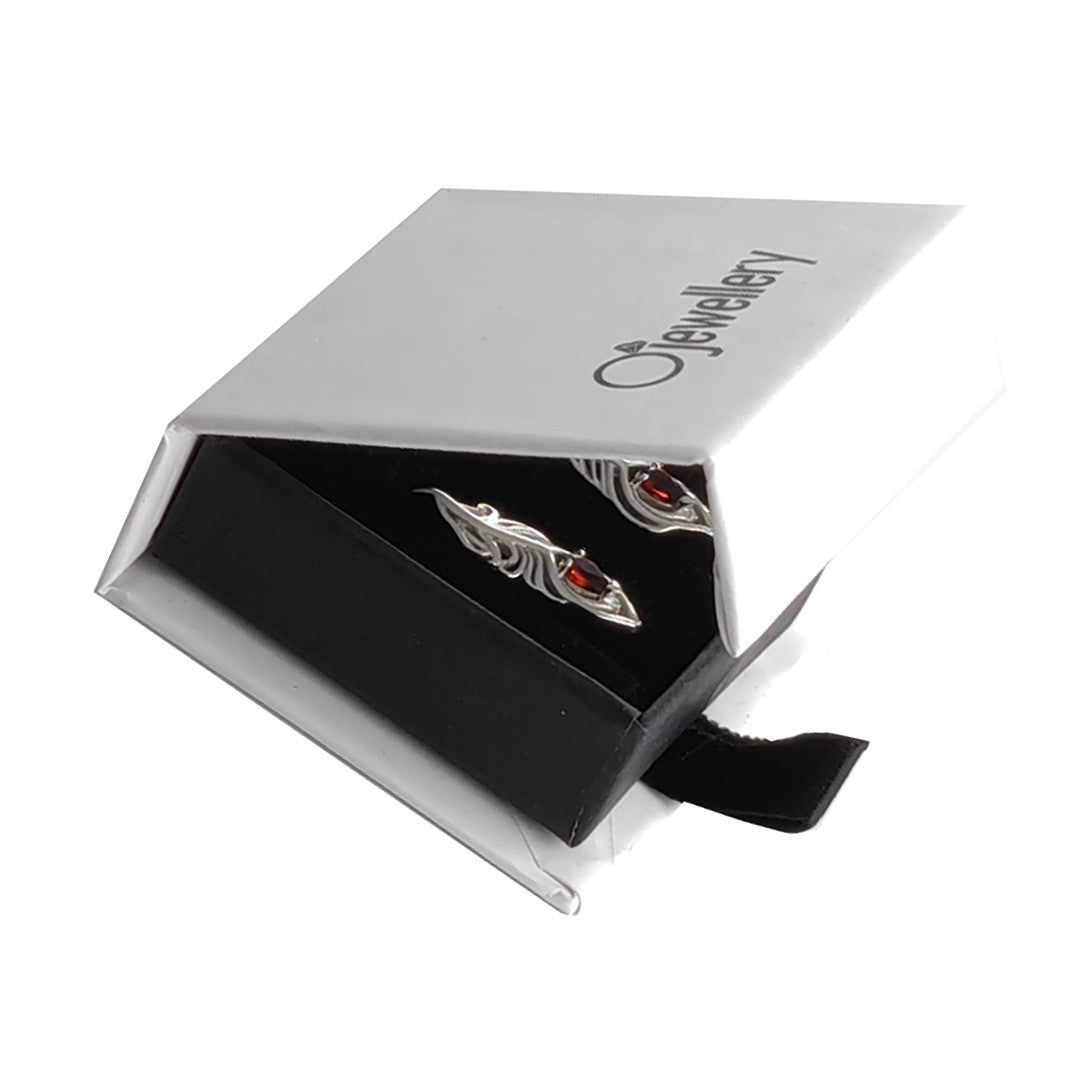 Garnet Peacock Feather Dangle Earrings Sterling Silver