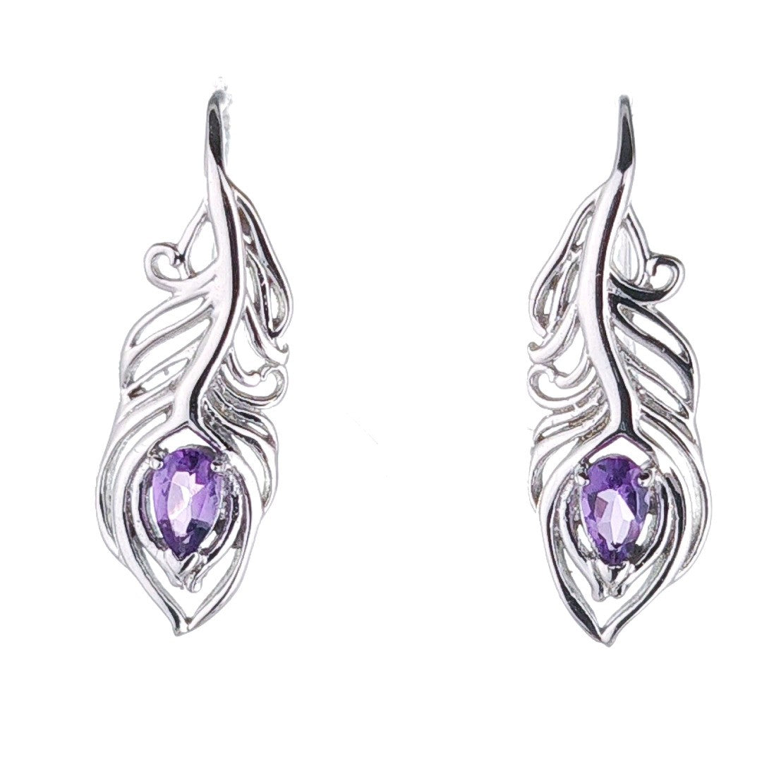 amethyst peacock feather dangle earrings sterling silver designed in the UK