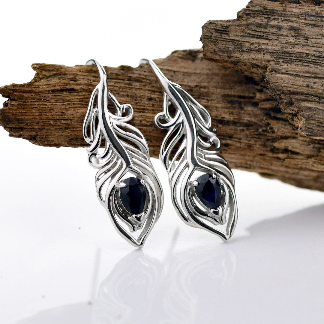 Sterling Silver Sapphire Earrings Dangle Peacock Feather Hook September Birthstone