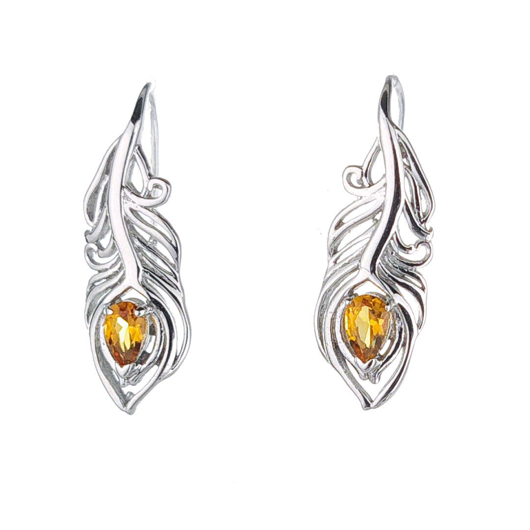 Citrine Peacock Feather Earrings in Sterling Silver