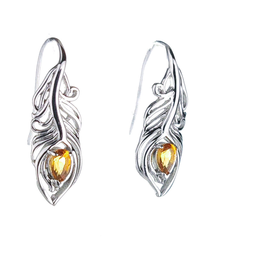 Citrine Peacock Feather Earrings in Sterling Silver