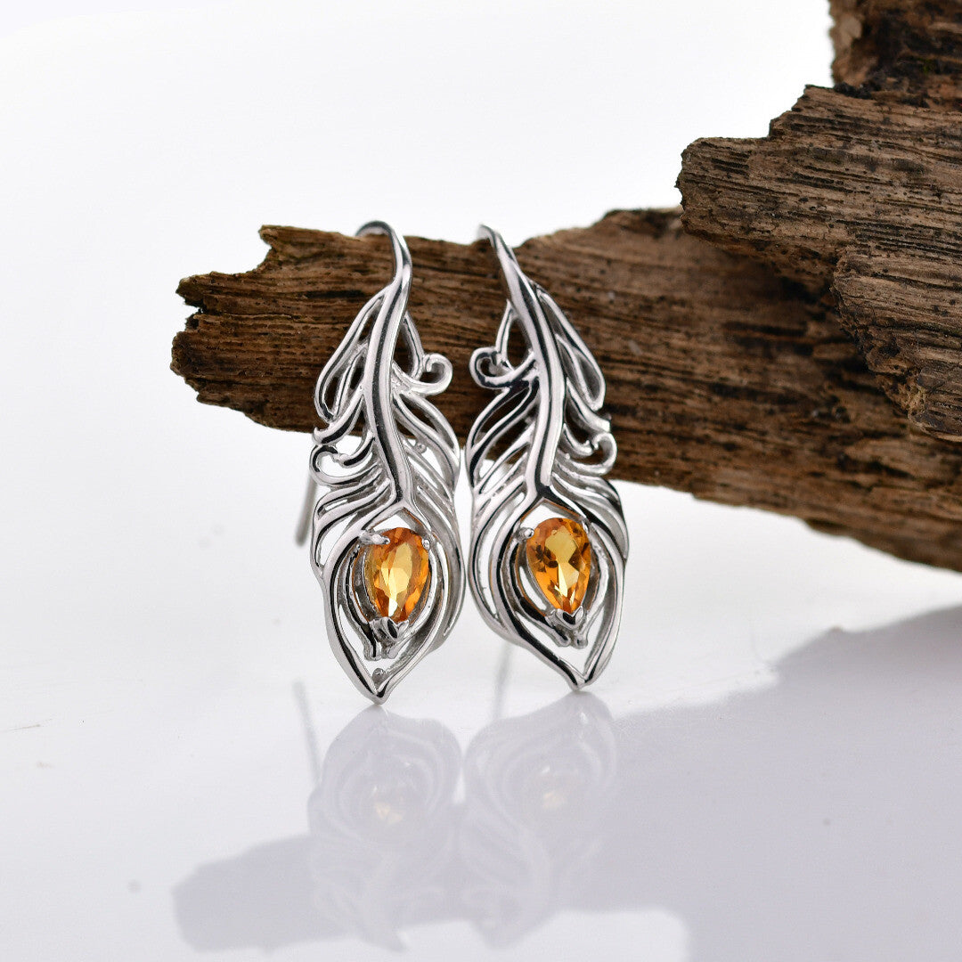 Citrine Peacock Feather Earrings in Sterling Silver