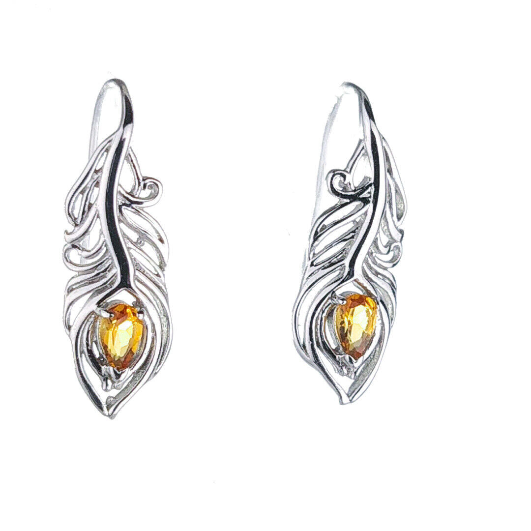 sterling silver citrine earrings dangle peacock feather hook november birthstone designed in the UK
