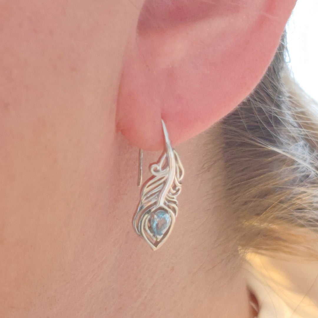 Blue Topaz Peacock Feather Earrings in Sterling Silver
