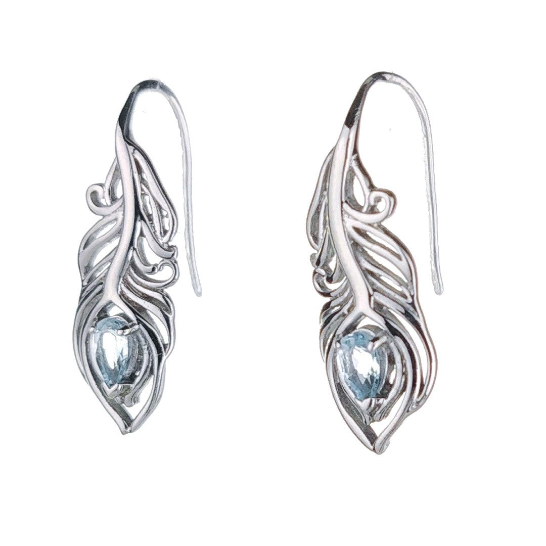 Blue Topaz Peacock Feather Earrings in Sterling Silver