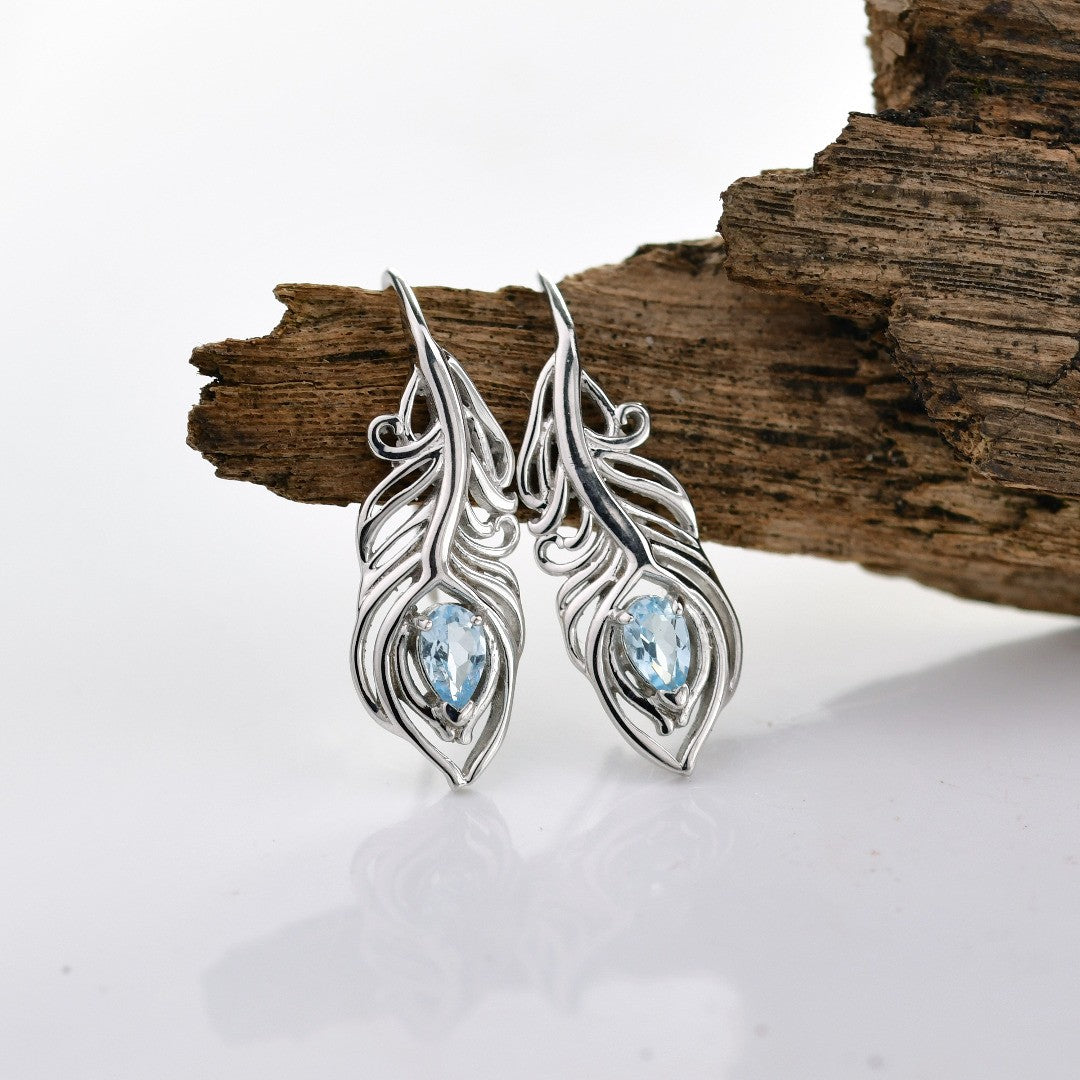 Blue Topaz Peacock Feather Earrings in Sterling Silver