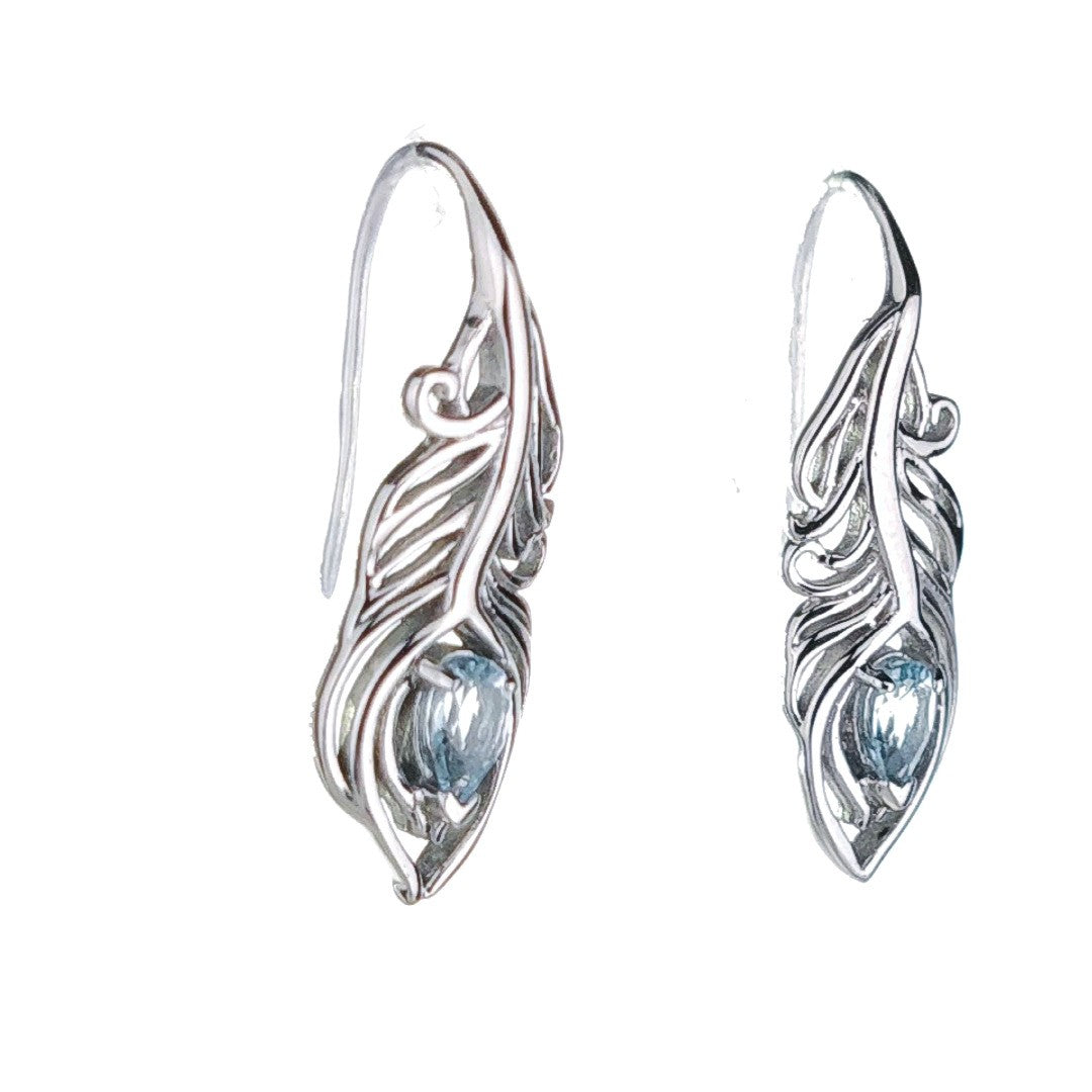 Blue Topaz Peacock Feather Earrings in Sterling Silver