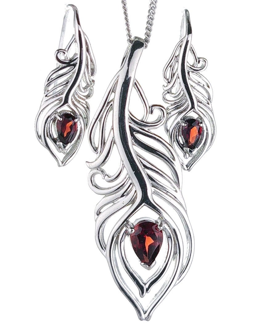 Garnet Peacock Feather Set in Sterling Silver