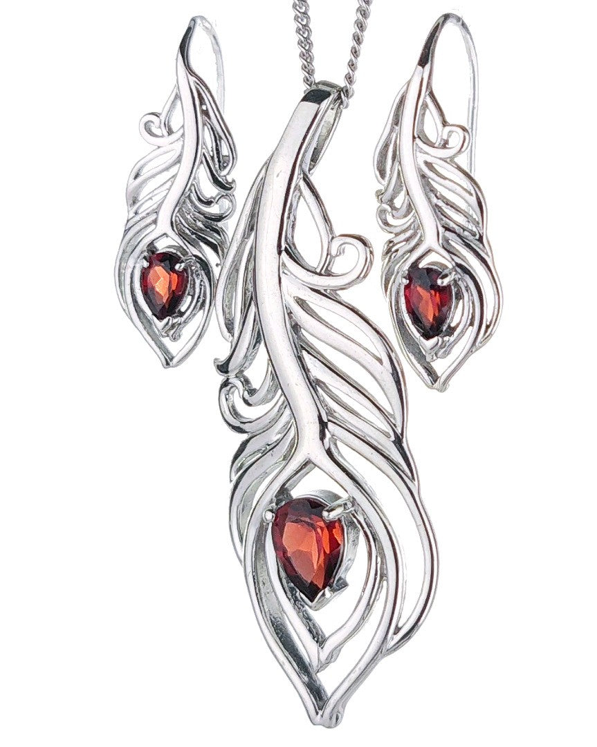 sterling silver garnet set necklace earrings peacock feather red january birthstone designed in the UK
